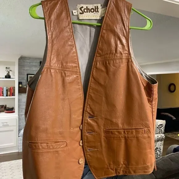 Vtg Schott NYC Caramel Brown Leather Button Up Vest Sz Med Made in USA